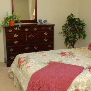 A cozy bedroom with a floral bedspread, a wooden dresser with a mirror, and indoor plants.