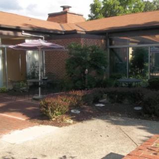 A backyard patio with a brick surface and garden plants, featuring an umbrella for shade.