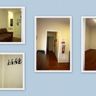 A collage of interior spaces featuring a hallway and living area with furniture.