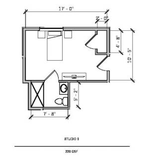 A detailed floor plan of a small living space with specified dimensions, including a bedroom and bathroom layout.
