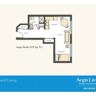 Floor plan of a large studio apartment with designated living, dining, and sleeping areas.