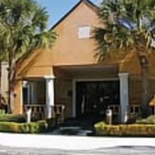 A building entrance surrounded by palm trees and neatly trimmed shrubs.