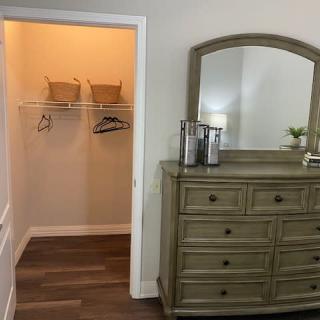 A bedroom setup featuring a dresser with a mirror and an adjacent empty closet.
