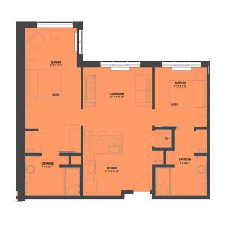 A detailed floor plan layout of an apartment with multiple rooms.