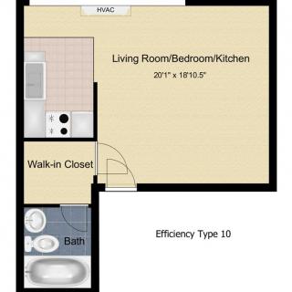 This is a floor plan of an Efficiency Type 1D studio apartment, showcasing a combined living room, bedroom, and kitchen area with an adjoining bathroom and walk-in closet.
