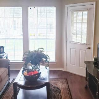 A cozy living room with a sofa, a coffee table adorned with plants and fruit, large windows, and a door letting in natural light.