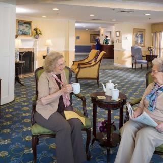 Two elderly women enjoying a conversation over tea in a cozy lounge setting.