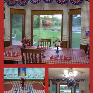 A room decorated with patriotic red, white, and blue themed decorations for a celebration.