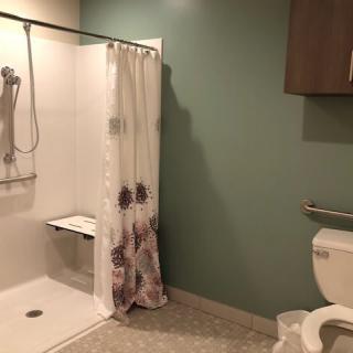 An accessible bathroom with a shower area, toilet, and grab bars.