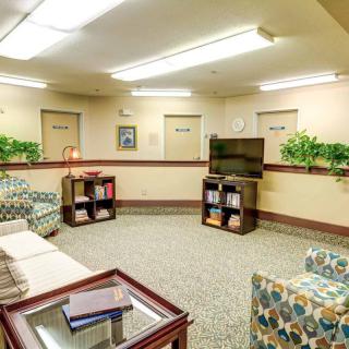 A cozy waiting room with sofas, a television, and decorative plants.