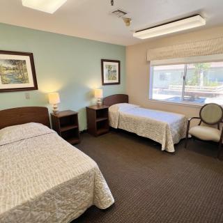 A neat and clean bedroom with two single beds, decorated with artwork and illuminated by natural light from a large window.