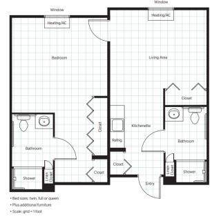 A detailed floor plan of a two-bedroom apartment with designated areas for living, dining, and kitchen spaces.