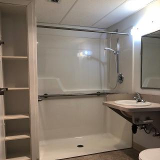 A modern, accessible bathroom with a shower, sink, mirror, and built-in shelves.