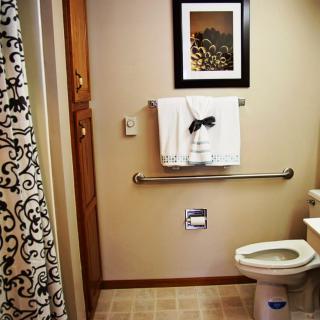 A neatly organized bathroom featuring a toilet, shower curtain, towel with bow, and wall art.