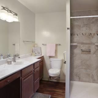 Modern bathroom with a double sink and walk-in shower.