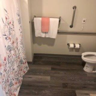 A bathroom featuring a toilet, shower curtain, towel and handrail.
