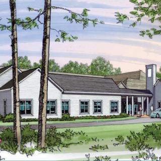 Illustrated view of a modern building surrounded by trees.