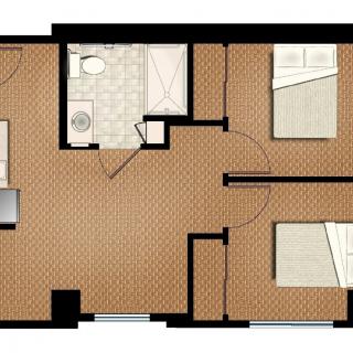 A floor plan depicting an apartment with two bedrooms, a bathroom, and a central living area.