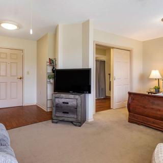 A cozy living room with a television and stylish furniture.