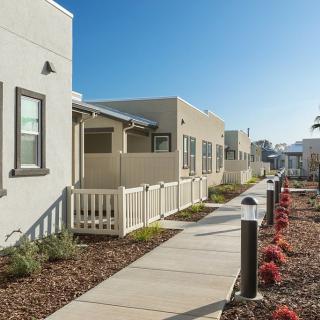 Modern apartment complex with a landscaped walkway.