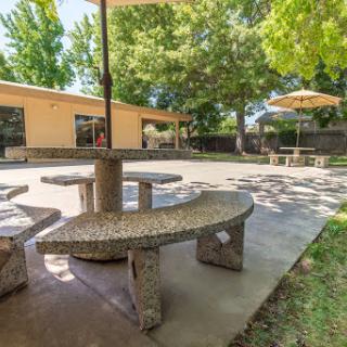 A tranquil outdoor seating area featuring concrete benches and umbrellas, surrounded by greenery.