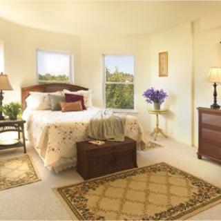 A cozy and well-lit bedroom with elegant decor, featuring a bed, wooden furniture, and decorative rugs.