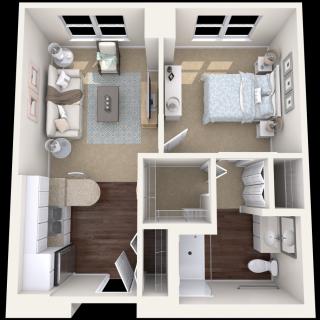 A 3D floor plan of a one-bedroom apartment featuring a living room, kitchen, bathroom, and bedroom.