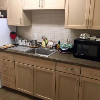 A tidy kitchen with wooden cabinets, a dual-basin sink, and a microwave on the countertop.