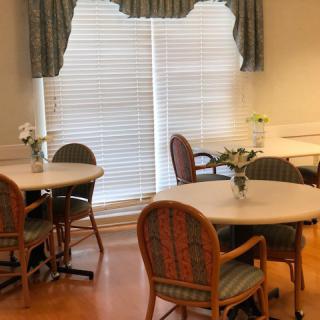 A cozy dining area with round tables and comfortable chairs, decorated with vases of flowers near a window with blinds and drapes.