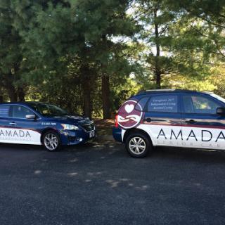 Two branded vehicles parked under trees.