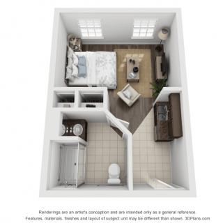 3D floor plan of a compact studio apartment with a combined living and sleeping area, kitchen, and bathroom.