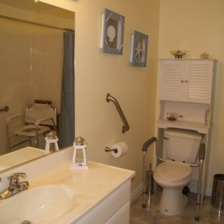 A well-equipped bathroom featuring a toilet, sink, and mirror with accessible handrails and a shower chair.
