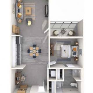 A detailed floor plan of a modern apartment showing the layout of the living room, kitchen, bedroom, and bathroom.