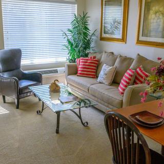 A cozy living room with a sofa, armchair, and coffee table, featuring decorative pillows and artwork.