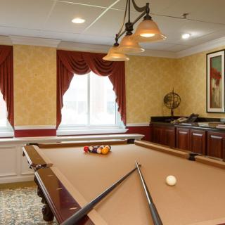 A well-lit game room featuring a pool table with cue sticks and decorative elements.
