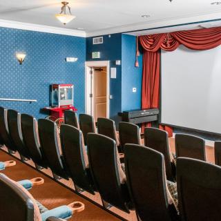 A small private theater with rows of seating and a screen at the front.