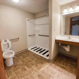 An accessible bathroom featuring a walk-in shower, toilet, sink, and safety grab bars.