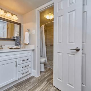 A modern bathroom with a vanity, sink, and a mirror adjacent to a shower area.