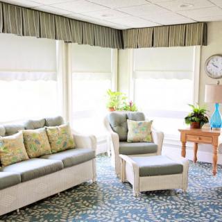 A bright and cozy living room with a sofa, armchair, and decorative plants.
