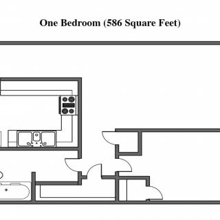 Floor plan of a one-bedroom apartment measuring 556 square feet.