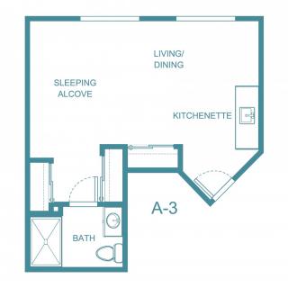 Studio apartment floor plan with sleeping alcove, living/dining area, kitchenette, and bathroom.