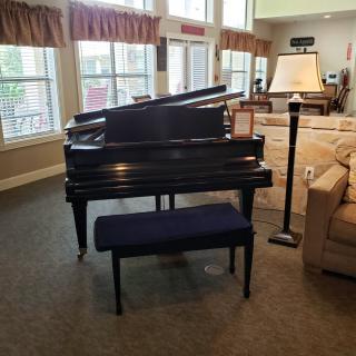 A grand piano situated in a cozy living room with large windows and comfortable furniture.