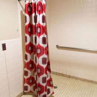 A bathroom with a red patterned shower curtain and a grab bar on the wall.