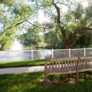 A peaceful park scene featuring a wooden bench, a white fence, lush trees, and a tranquil lake with a fountain under the warm sunlight.