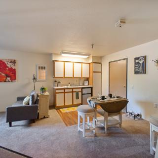 A cozy open-concept living space featuring a small kitchen, dining area, and living room in an apartment.