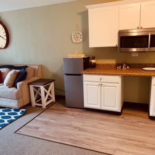 A cozy living area with a kitchenette featuring a sofa, small refrigerator, and microwave.