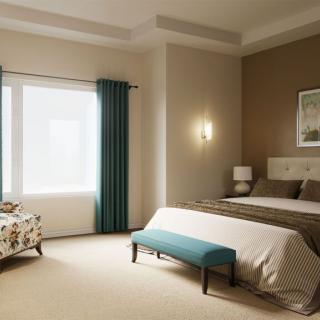 A modern bedroom interior with a comfortable bed, stylish furniture, and a large window.