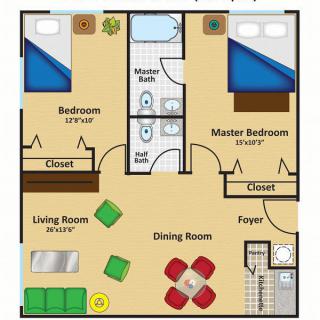 A floor plan of a two-bedroom apartment showing a master bedroom, a second bedroom, living and dining areas, a kitchen, and a master bathroom.