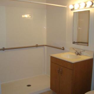 A bathroom with a sink, mirror, and shower equipped with a grab bar.