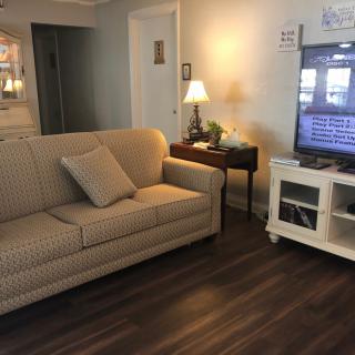 A cozy living room with a sofa, television, and lamp on hardwood flooring.